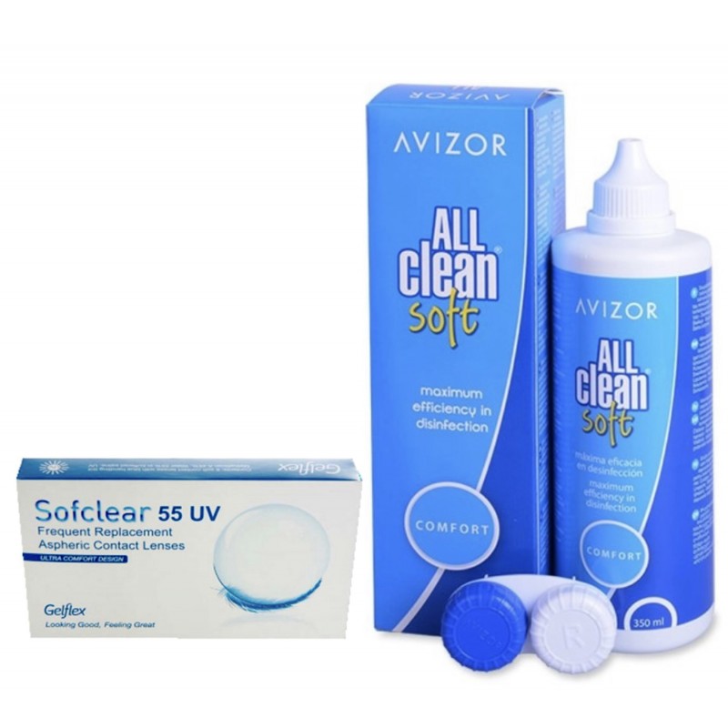 OFFER 6 contact lenses Sofclear 55 UV + 1 solution ALL CLEAN Soft 350ml