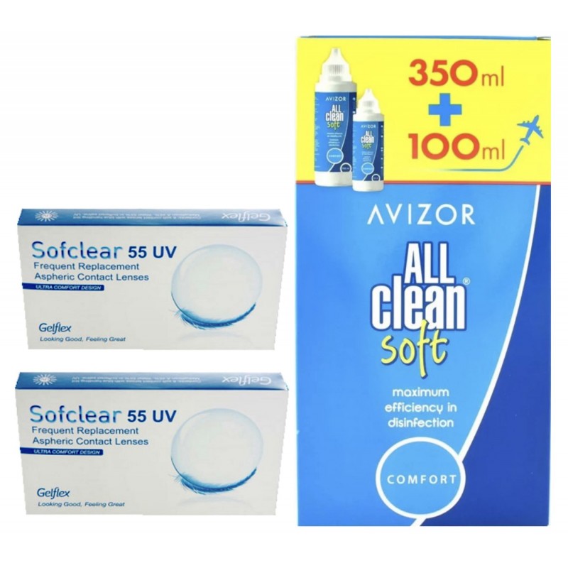 OFFER 12 monthly contact lenses Sofclear 55 UV + 1 solution ALL CLEAN Soft 350+100ml