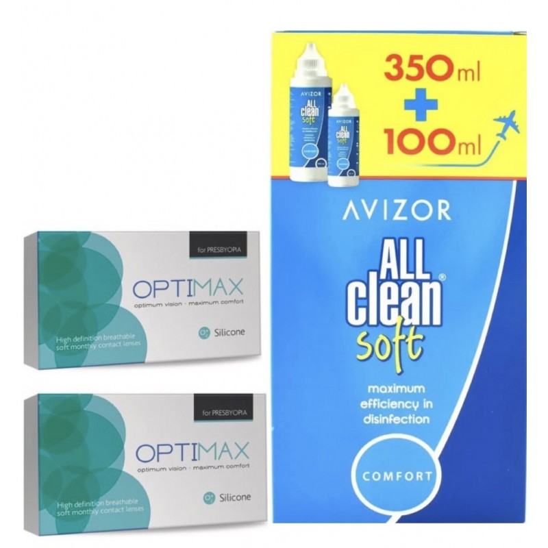 OFFER PACK -6 monthly multifocal contact lenses OPTIMAX SILICONE for PRESBYOPIA +1 Solution All Clean Soft 350+100ml